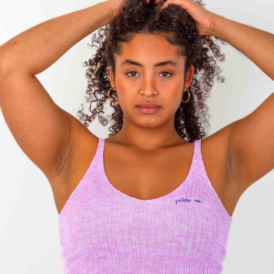 top en maille brodé "Pelote moi" lila